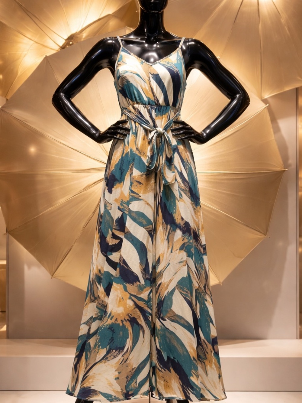 SHEIN Teal Navy & Mustard Abstract Print Maxi Dress